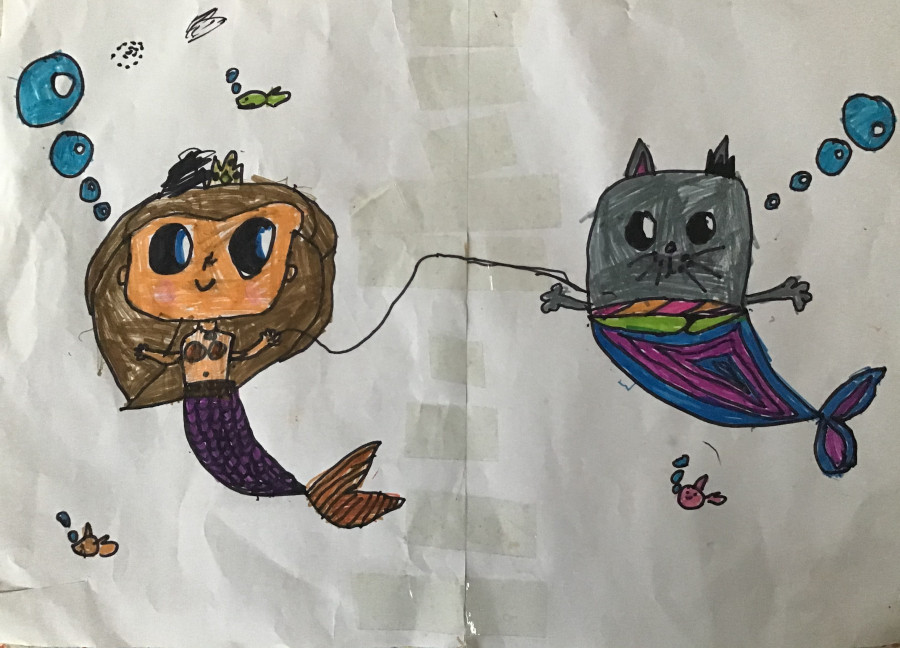 'Mermaid walking her pet cat' by Áine (7) from Roscommon